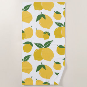 Lemon Pattern Retro Fruit Yellow On White Beach Towel
