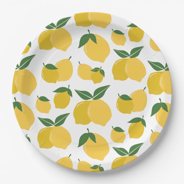 Lemon Pattern Retro Fruit Yellow On White Paper Plate (Front)