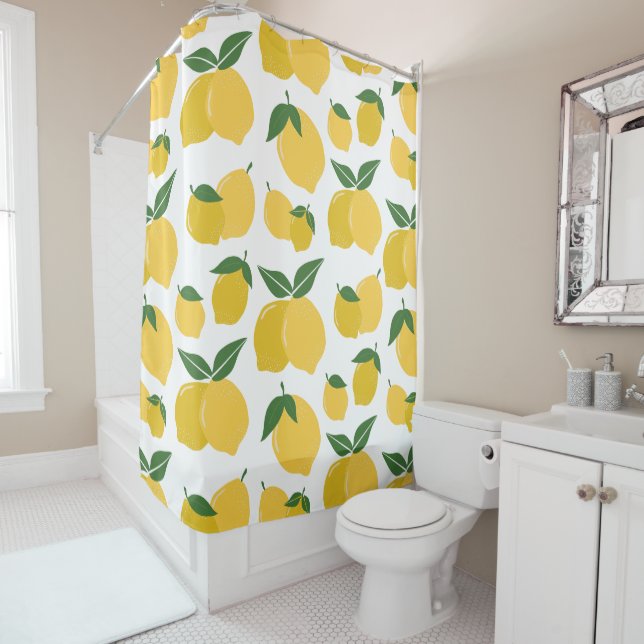 Lemon Pattern Retro Fruit Yellow On White Shower Curtain (In Situ)