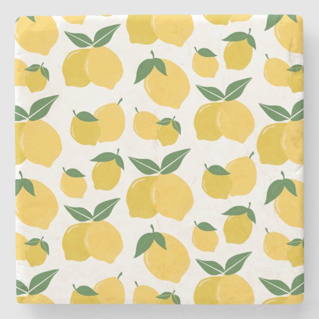 Lemon Pattern Retro Fruit Yellow On White Stone Coaster (Front)