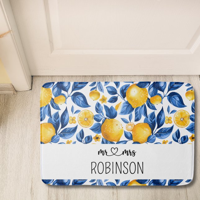 Lemon Pattern Tropical Fruit Custom Couple Name Bath Mat (Creator Uploaded)
