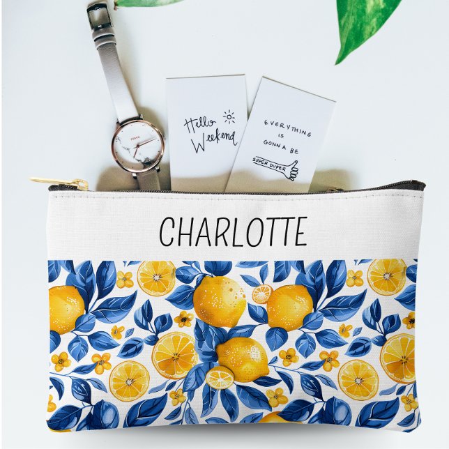 Lemon Pattern Tropical Fruit Personalised Name Accessory Pouch (Creator Uploaded)