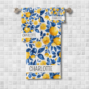 Lemon Pattern Tropical Fruit Personalised Name Bath Towel Set