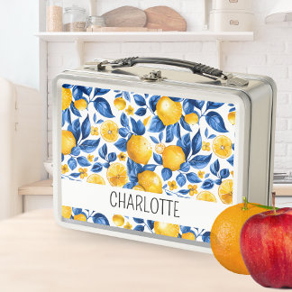 Lemon Pattern Tropical Fruit Personalised Name Metal Lunch Box