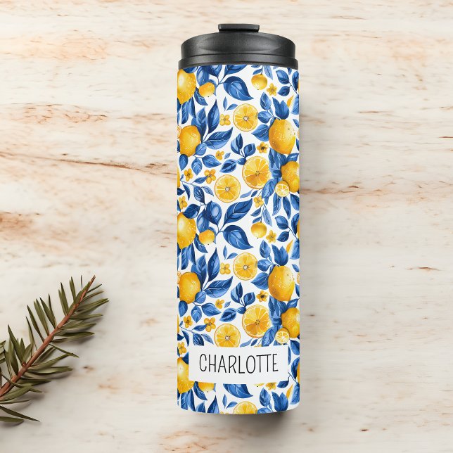 Lemon Pattern Tropical Fruit Personalised Name Thermal Tumbler (Creator Uploaded)