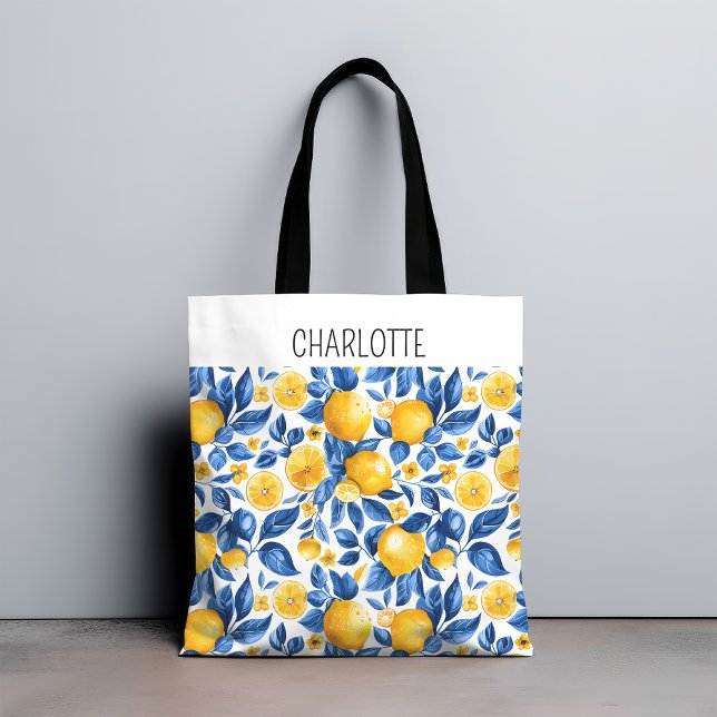 Lemon Pattern Tropical Fruit Personalised Name Tote Bag (Creator Uploaded)