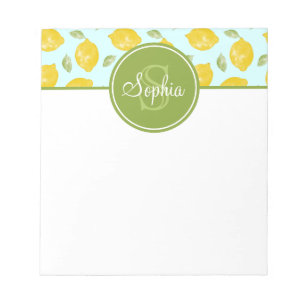 Lemon Pattern Yellow Green and Blue Monogram Notepad