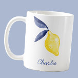Lemon Personalised Coffee Mug<br><div class="desc">Pretty watercolor citrus lemon design in yellow with navy blue leaves for a fruity summer shot of visual Vitamin C. Original art by Nic Squirrell. Change or remove the name to personalise.</div>