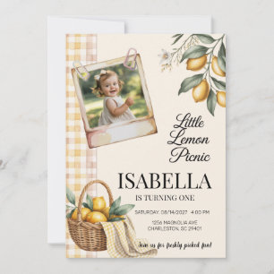 Lemon Picnic Polaroid Photo Gingham Birthday Invitation