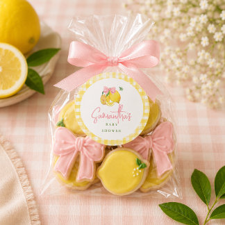 Lemon pink bow gingham  classic round sticker