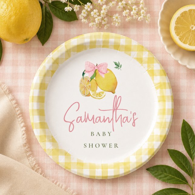 Lemon pink bow gingham  paper plate (Creator Uploaded)