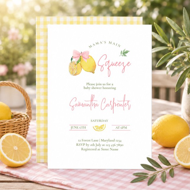 Lemon pink bow main squeeze baby shower invitation (Creator Uploaded)