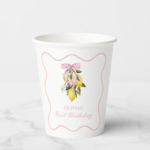 Lemon Pink Bow preppy Coquette 1st birthday Paper Cups