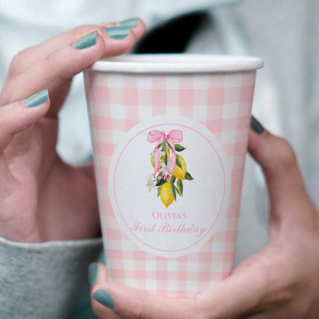 Lemon Pink Bow preppy Coquette 1st birthday Paper Cups (Creator Uploaded)