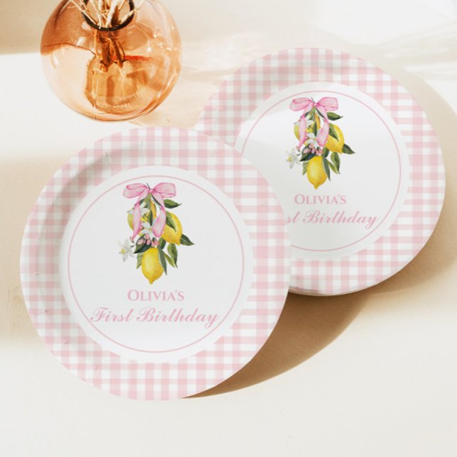 Lemon Pink Bow preppy Coquette 1st birthday Paper Plate (Creator Uploaded)