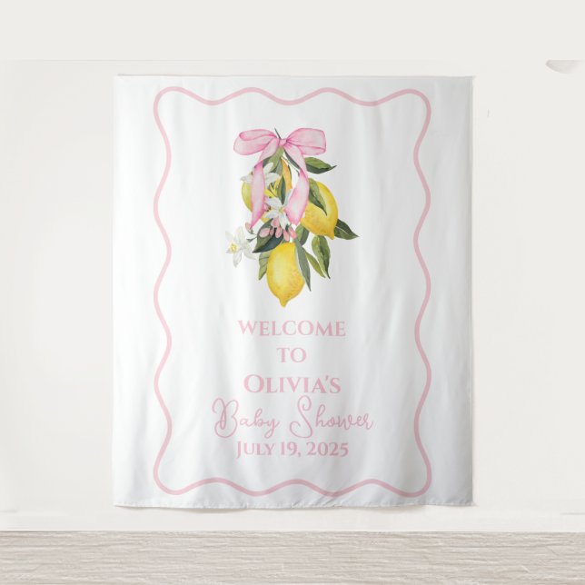Lemon Pink Bow preppy Coquette Baby Shower welcome Tapestry (Front)