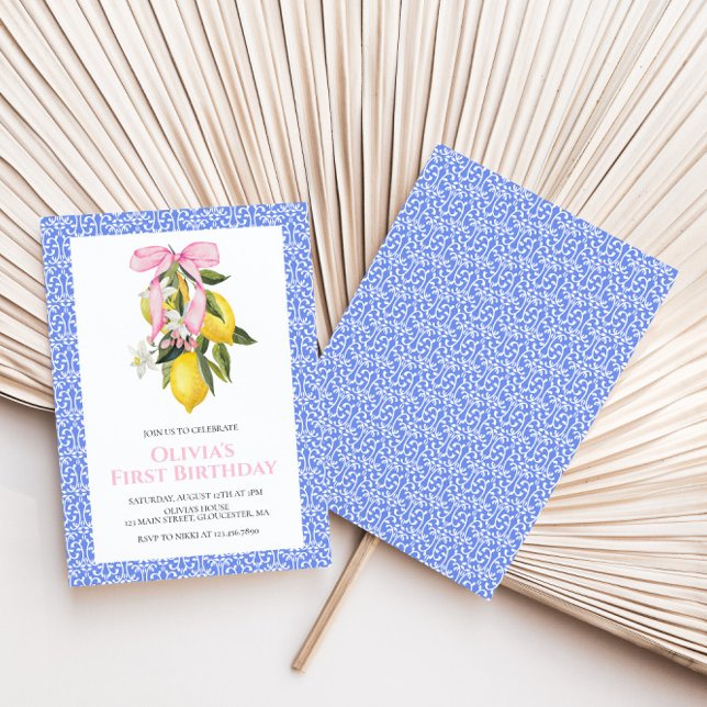 Lemon Pink Bow preppy Coquette birthday Invitation (Creator Uploaded)