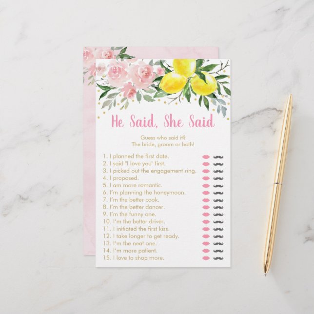 Lemon Pink Floral He Said She Said Bridal Game (Front/Back In Situ)