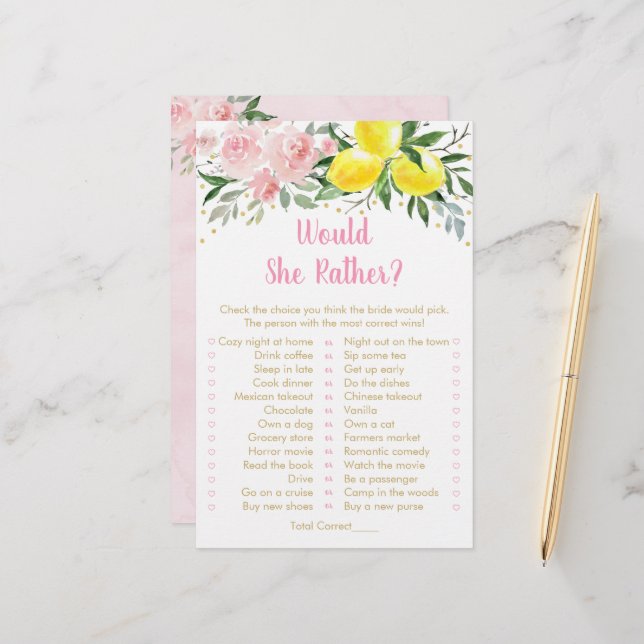 Lemon Pink Floral Would She Rather Bridal Game (Front/Back In Situ)
