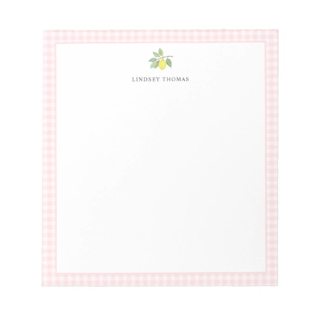 Lemon Pink Gingham Border Personalised Notepad (Front)