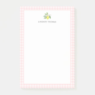 Lemon Pink Gingham Border Personalised Post-it Notes