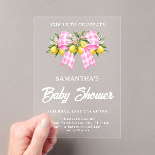 Lemon & Pink Gingham Bow Baby Shower Acrylic Invitations