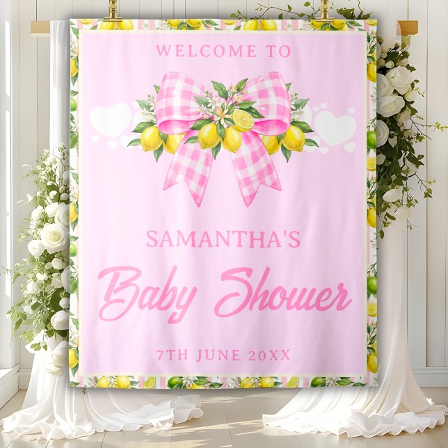 Lemon & Pink Gingham Bow Baby Shower Backdrop Tapestry (Creator Uploaded)