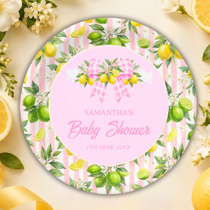 Lemon & Pink Gingham Bow Baby Shower Paper Plate