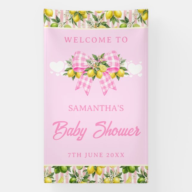 Lemon & Pink Gingham Bow Baby Shower Welcome Banner (Vertical)
