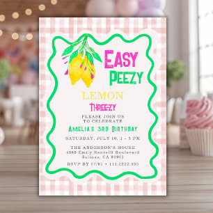 Lemon Pink Gingham Three-zy 3rd Girl Birthday  Invitation