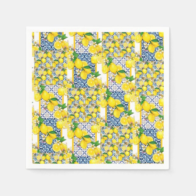 Lemon Portuguese Azulejo Mediterranean Santorini  Napkin (Front)