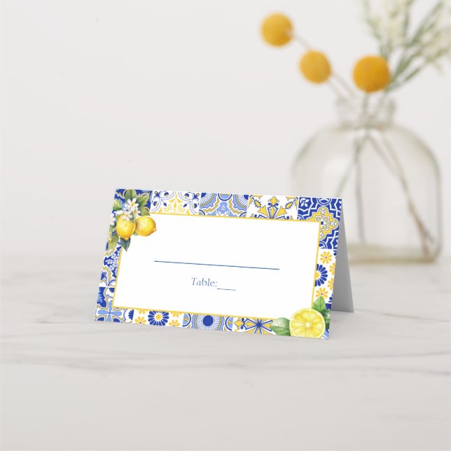Lemon Positano Blue Tiles Mediterranean Wedding  Place Card (Front)