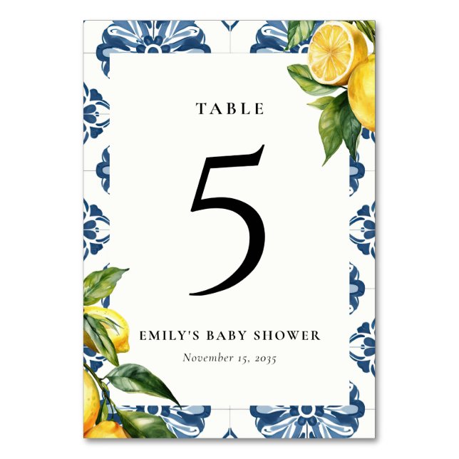 Lemon Positano Italian Baby Shower Table Number (Front)