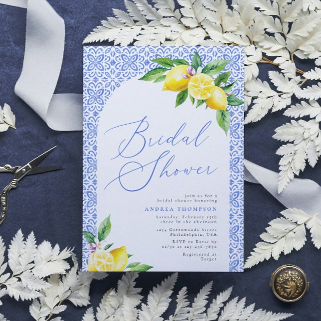 Lemon Positano Italian Blue Tile Bridal Shower Invitation (Creator Uploaded)