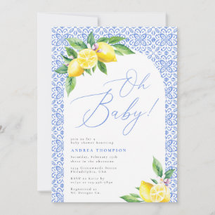 Lemon Positano Italian Blue Tile Oh baby Shower Invitation