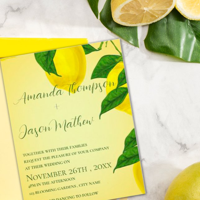  Lemon Pretty Bright Yellow Citrus Wedding Invitation (Creator Uploaded)