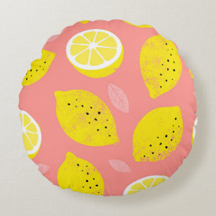 Lemon print, bright seamless summer pattern. round cushion