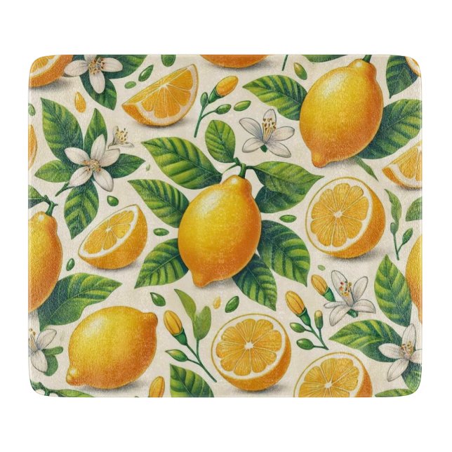 Lemon Print Glass Chopping Board (Front)