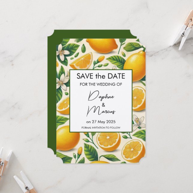 Lemon Print Save the Date Wedding Invitation (Front/Back In Situ)