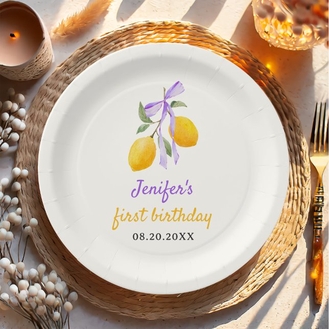 Lemon Purple Bow First Birthday Party Paper Plate (Creator Uploaded)