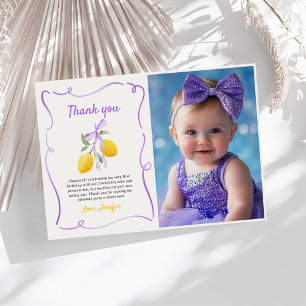 Lemon Purple Bow First Birthday Party Photo Thank You Card
