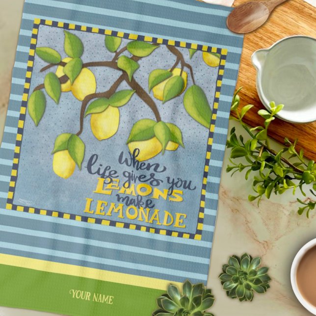 Lemon Quote Your Name Striped Stylish Tea Towel (Creator Uploaded)