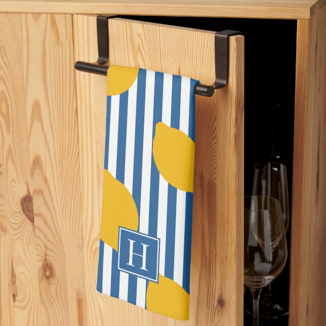 Lemon Rustic Farmhouse Stripe Monogram Tea Towel (Thirds Fold)