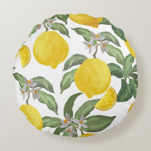 Lemon seamless vintage pattern. Tropical fruit bac Round Cushion