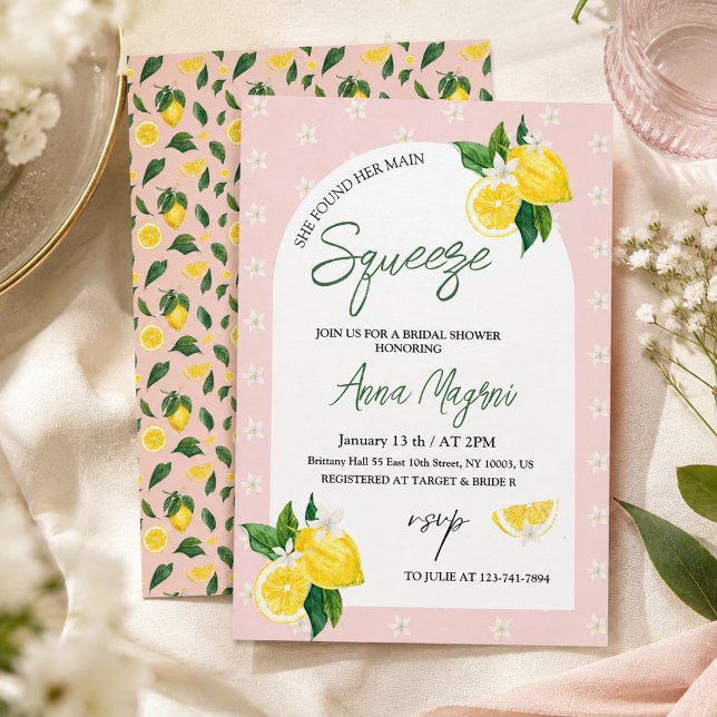 Lemon She Found Her Main Squeeze Bridal Shower  Invitation (She Found Her Main Squeeze Bridal Shower wedding pink plush greenery)