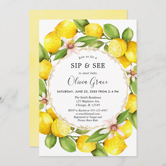 Lemon sip and see, meet and greet baby girl invitation (Front/Back)