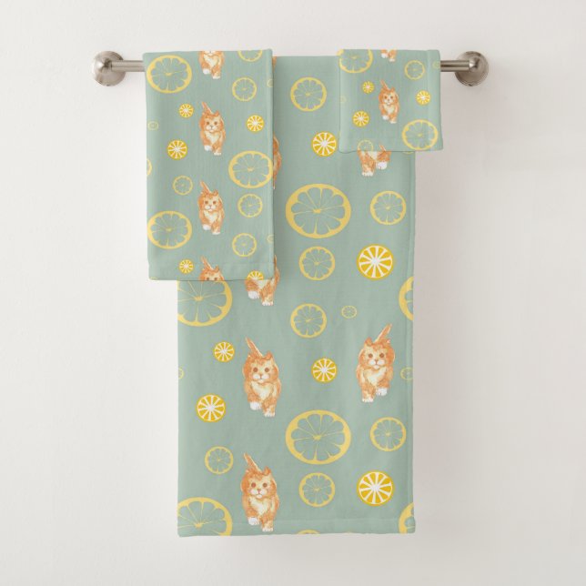 lemon slice and cat pattern bath towel set (Insitu)