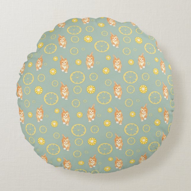 lemon slice and cat pattern round cushion (Front)