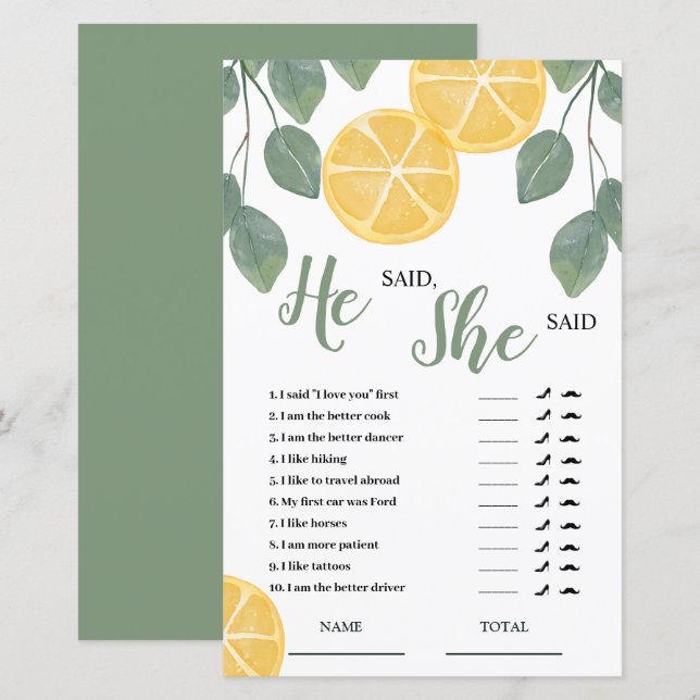 Lemon Slice He said She said Bridal Game (Front/Back)