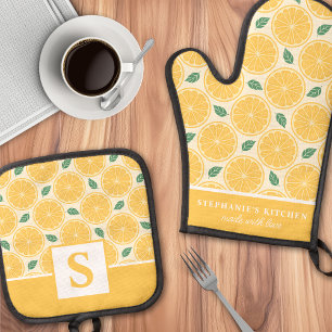 Lemon Slices Citrus Cute Summer Monogrammed Oven Mitt & Pot Holder Set